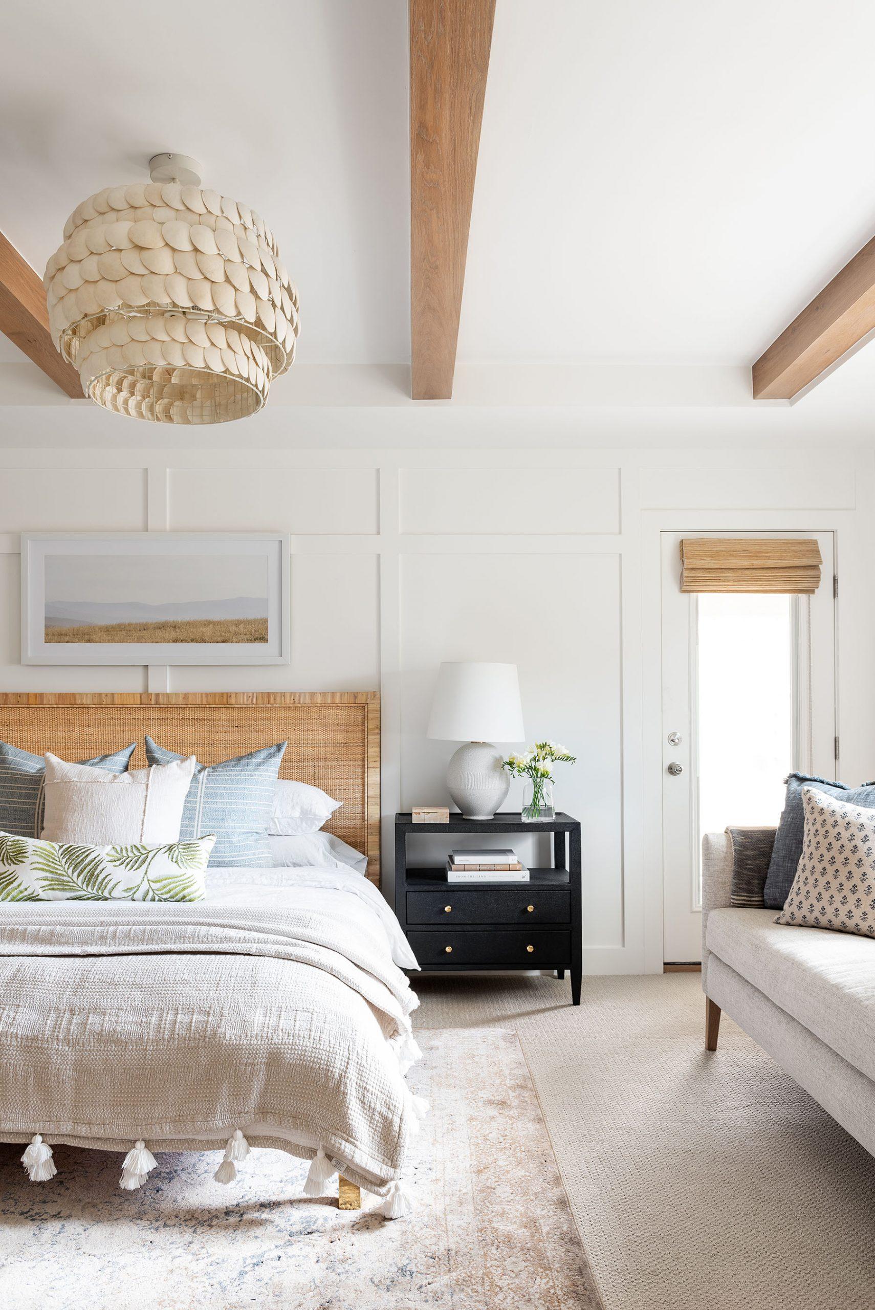 Studio McGee Bedroom with bamboo shades, scallop light fixture
